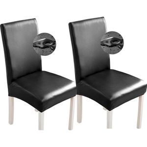 (2 Stuks, Zwart) Stretch eetkamerstoelhoezen - waterdichte PU kunstleer stoelhoezen - stoelbeschermer hoes universele stoelhoezen voor eetkamer, keuken, hotel, thuis