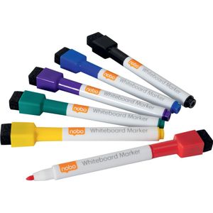 Nobo Geurarme Mini Whiteboard Markers met Wisser - 6 Stuks Assorti kleur - Fijne Punt van 2 Millimeter