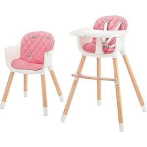 2-in-1 hoge kinderstoel SIENNA, hoge babystoel, meegroeistoel, combistoel, houten poten, 5-puntsveiligheidsgordel, voetensteun, afneembaar eetblad, antislip beenvoetjes, roze