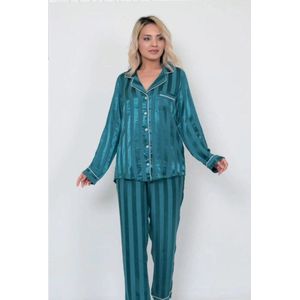 Dames Luxe Pyjamaset- 2- Delige -Pyjama- Nachtkleding- Satijn- Cadeau voor Vrouw- Smaragdgroen Maat M