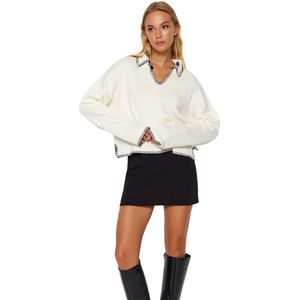 Trendyol Ecru Polo Kraag Katoen Breed Patroon Breiwerk Trui Twoaw24Kz00981