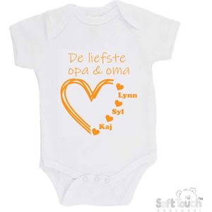100% katoenen Romper ""De liefste opa & oma met de namen van 3 kleinkinderen"" Unisex Katoen Wit/mosterd Maat 62/68