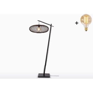 Vloerlamp - CANGO - Bamboe - Zwart Voetstuk - Zwarte Kap - Met LED-lamp