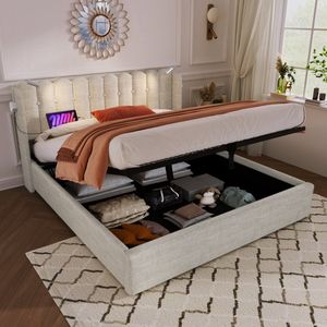 Sweiko Gestoffeerd bed Tweepersoonsbed Leeslamp met oplaadfunctie Hoofdbord Opslagruimte Bed frame Linnenmateriaal Jeugdbed 160x200 met lattenrost, Natural (Zonder matras)