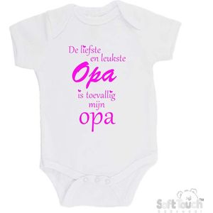 100% katoenen Romper ""De liefste en leukste Opa is toevallig mijn Opa"" Meisjes Katoen Wit/Fluor Pink Maat 68/74
