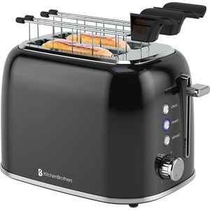 KitchenBrothers Broodrooster met Tostiklemmen - Toaster - 6 Warmteniveaus - Brede Sleuven - Reheat en Ontdooi-functie - 870W - Zwart
