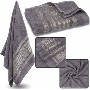 Grijze Katoenen Handdoek met Gouden Borduurwerk, Badhanddoek 70x135 cm