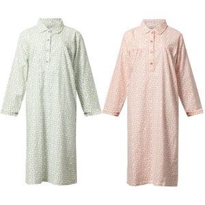 Lunatex - 2 klassieke dames nachthemden - warm flanel - green & pink egg - maat S