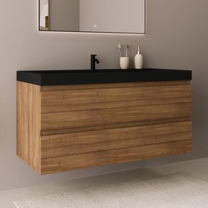 LOMAZOO Badkamermeubel Warm Eiken 100 cm - Wastafel Zwart - Wastafelmeubel - Wastafelkast Zwart Zwevend [MONACO]