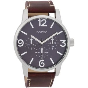 OOZOO Timepieces - Zilverkleurige horloge met roodbruine leren band - C9651