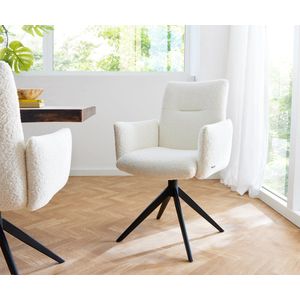 Eetkamerstoel Jova-Flex met armleuning kruisframe breed zwart bouclé wit 360° draaibaar pocketveer kern