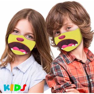 Wasbaar  motief kinder mondmasker - stoffen masker - geel