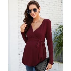 Vrouwen Voedingsshirt, Zwangerschapsshirt Met V-Hals, Lange Mouwen Voedingstop Met Riem, Zwangerschapskleding Rood S
