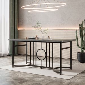 Sweiko Moderne minimalistische eettafel, 158 x 76 x 75 cm, design eettafel, eenvoudig te installeren, zwarte metalen poten (betonlook)