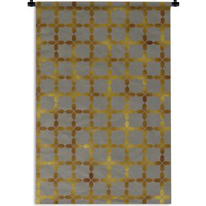 Wandkleed Luxe patroon - Luxe patroon van vierkanten met gouden details op een grijze achtergrond Wandkleed katoen 60x90 cm - Wandtapijt met foto