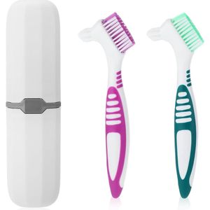 Allecto Plus - Set van 2 tandprothesen reinigingsborstels met wit etui - Meerlaagse borstelharen - Ergonomische rubberen greep - Groen en paars - Tandenborstels - Reiniging - Prothesen.