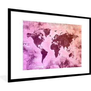 Fotolijst incl. Poster - Wereldkaart - Paars - Krant - 120x80 cm - Posterlijst