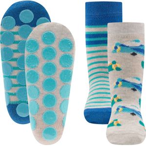 Ewers zomer anti slip sokken vliegtuig en strepen - dubbelpak antislip - 2 paar kinder sokjes - maat 23/26
