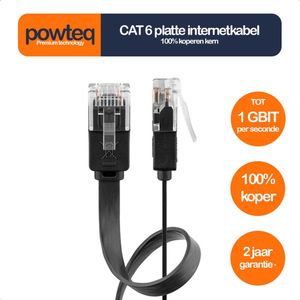 Powteq - Platte internetkabel - 1.5 meter - 1 Gbit - 100% koperen kern - Zwart - Internetkabel voor achter de plint/onder het laminaat