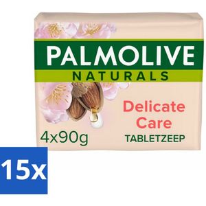 15 x Palmolive Tabletzeep Naturals Amandel Melk 4x 90 gr - Gevoelige Huid - Zeeptabletten - Natuurlijke Ingrediënten - Hydratatie - Frisse Geur