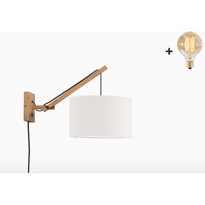 Wandlamp met Korte Arm - ANDES - Naturel Bamboe - Wit Linnen - Met LED-lamp