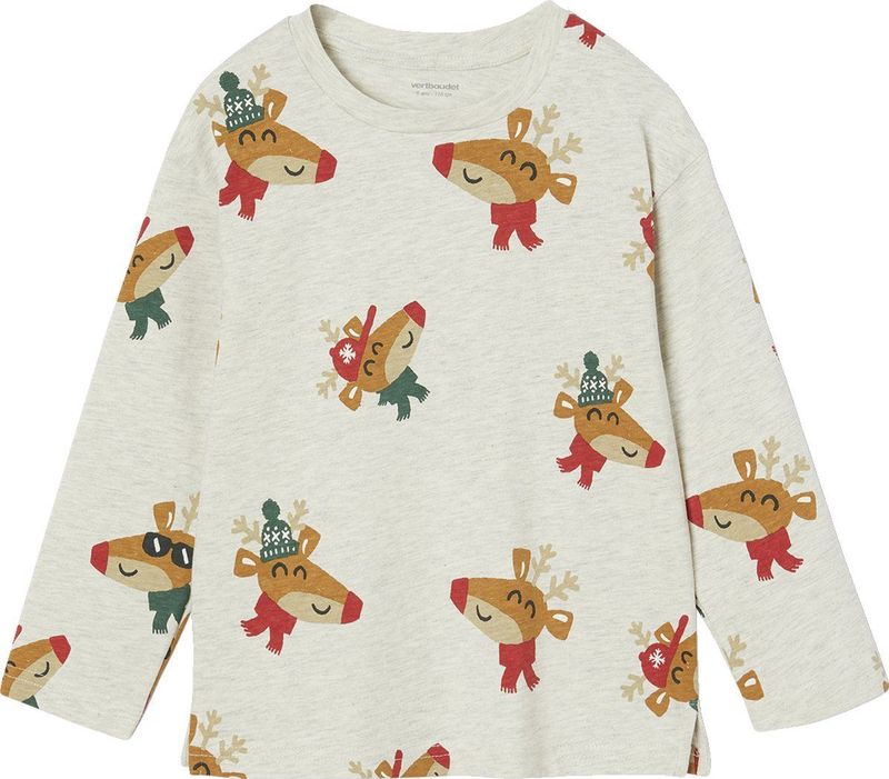 Kerstshirt - Gemêleerd Wit - Jongens - Lange Mouwen - Ronde Hals - Rendiermotief