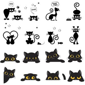Lichtschakelaar stickers grappige dieren muurstickers voor slaapkamer woonkamer zwart 16 stuks met katmotief