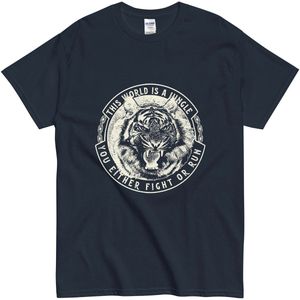 Motivatie T Shirt met Tijger - Fight or Run Quote - Jungle Style voor Mannen en Vrouwen - Blauw - 2XL