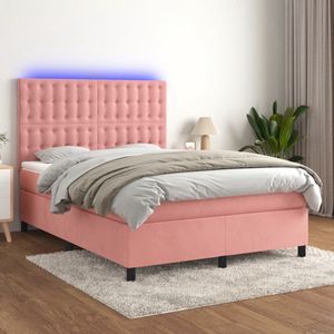 vidaXL Boxspring 140x200 cm met LED en Matras Roze Boxspring - Led Lamp - Fluweel Bed - Hoofdbord Verstelbaar - Pocketveer Matras - Rooskleurig Bed