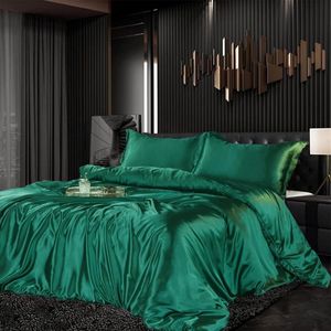 Beddengoedset, satijn, 220 x 240 cm, 3-delig, groen, donkergroen, zijdeachtig, glanzend, zijde, effen, dekbedovertrek, set, glad, luxe beddengoedset, zacht, tweepersoonsbed met ritssluiting