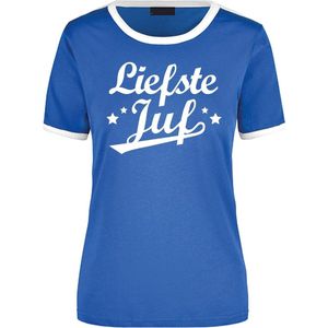 Liefste juf blauw/wit ringer t-shirt voor dames - Einde schooljaar/juffendag lerares cadeau shirt L