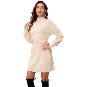 Gebreide Jurk Dames Lange Mouwen Coltrui Jurk Elegante Trui Tuniek Jurk Met Riem Abrikoos S