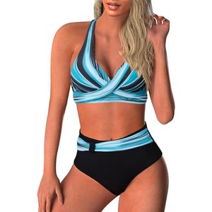 Allecto Plus - Dames Tweedelig Badpak met V-hals, Hoge Taille en Push-up Beha - Gevoerd - Bloemenprint - Sportief Bikiniset