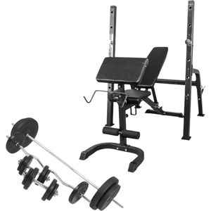Gorilla Sports Halterbank met Squat Rack + 100 kg set - Halterstang met gewichten - Zwart - 30 mm