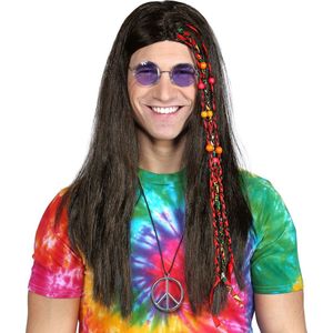 Widmann - Hippie Kostuum - Pruik Hippie Kraaltjes En Staartjes - Zwart - Carnavalskleding - Verkleedkleding