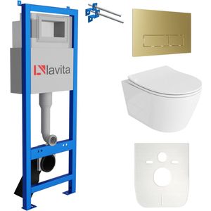 LAVITA® Inbouwreservoir Complete Toiletset LAV 101 - Inbouw WC Hangtoilet Wandcloset PRAIA Wit Hoogglans - Bedieningsplaat 200.3.5 Gouden - Voorwandelement voor toilet 40cm - Installatiesysteem