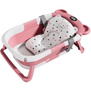 Mookes Real-time Temperatuur Siliconen Baby Badkuip Met Temperatuurdetectie - Antislip Mand Opvouwbare Badkamer Roze