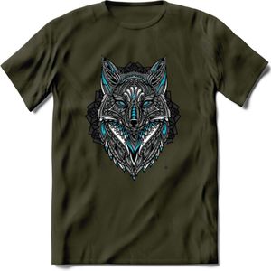 Vos - Dieren Mandala T-Shirt | Lichtblauw | Grappig Verjaardag Zentangle Dierenkop Cadeau Shirt | Dames - Heren - Unisex | Wildlife Tshirt Kleding Kado | - Leger Groen - M