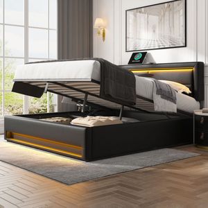 Gutent Gestoffeerd bed, 160 x 200 cm, met USB-poort (ondersteunt draadloos en bedraad opladen), met LED-verlichting en Opbergruimte, Zonder matras, PU, Zwart