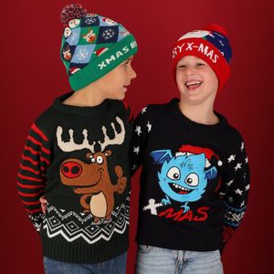 Morethansocks - Kerst trui - Kids - Gebreid - Rood/grijs - Maat 116/122 - foute kersttrui - kersttrui kinderen - kersttruien - kersttrui kind - kersttrui jongens - kersttrui meisjes