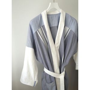 YELIZ YAKAR - Handmade - Luxe unisex sauna kimono / badjas “ Sunrise IV ”- ochtendjas - size3=L/XL - 100% katoen - blauw en wit tinten streep - designer kleding - kerst - luxecadeau - kerstcadeau