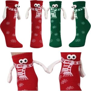 Schattige sokken met Magneten in Handjes, Sjaal en Ogen - 2 paar Sokken maat 35-43 - groen & rood