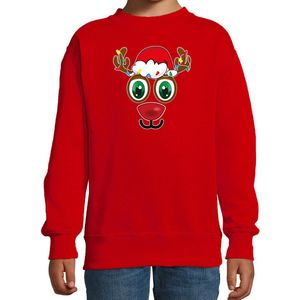 Bellatio Decorations kersttrui/sweater voor kinderen - Rudolf gezicht - rendier - rood - Kerstdiner 134/146