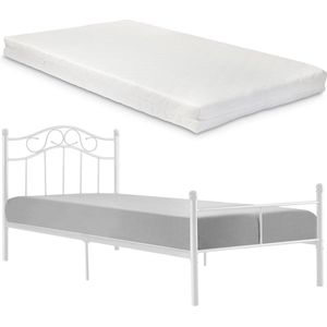 Metalen eenpersoonsbed incl. matras en bedbodem - wit