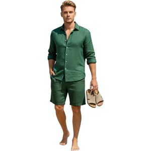 Linnen Kledingset - Mannen - Zomer - Groen - Korte Broek - Blouse