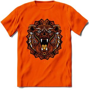 Beer - Dieren Mandala T-Shirt | Geel | Grappig Verjaardag Zentangle Dierenkop Cadeau Shirt | Dames - Heren - Unisex | Wildlife Tshirt Kleding Kado | - Oranje - 3XL