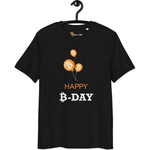 Happy B-Day Bitcoin T-shirt - Unisex - 100% Biologisch Katoen - Kleur Zwart - Maat M | Bitcoin cadeau| Crypto cadeau| Bitcoin T-shirt| Crypto T-shirt| Crypto Shirt| Bitcoin Shirt| Bitcoin Merch| Crypto Merch| Bitcoin Kleding