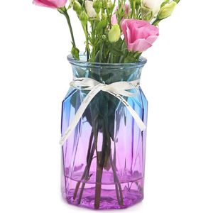 Glazen vaas, moderne geometrische middenstukken, decoratieve vaas, gradiënt veelkleurige bloemenvaas voor kantoor, woonkamer, keuken, bruiloftsdecoratie (blauw paars)