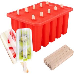 Silicone Ice Pop Molds [Cavity of 10] with 100 Sticks - Red, Food Grade Frozen Popsicle Makers Ice mold