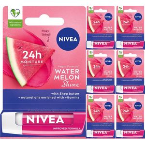 Nivea Lippenbalsem Watermelon Shine - 6 x 4.8g - Verbeterde Vegan Formule - Shea Boter en Natuurlijke Olien Verrijkt Met vitaminen - Lipbalm